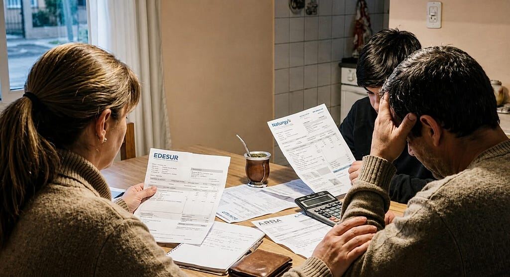 Una familia revisa boletas y gastos sobre una mesa